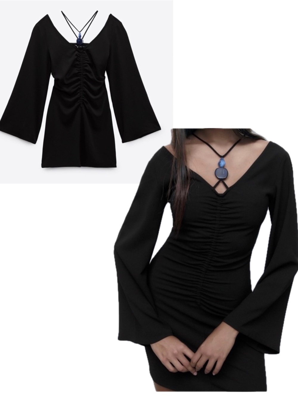 Black Ruched Mini Dress Bell Sleeves Off Shoulder Pendant Detail Y2K Evening S
